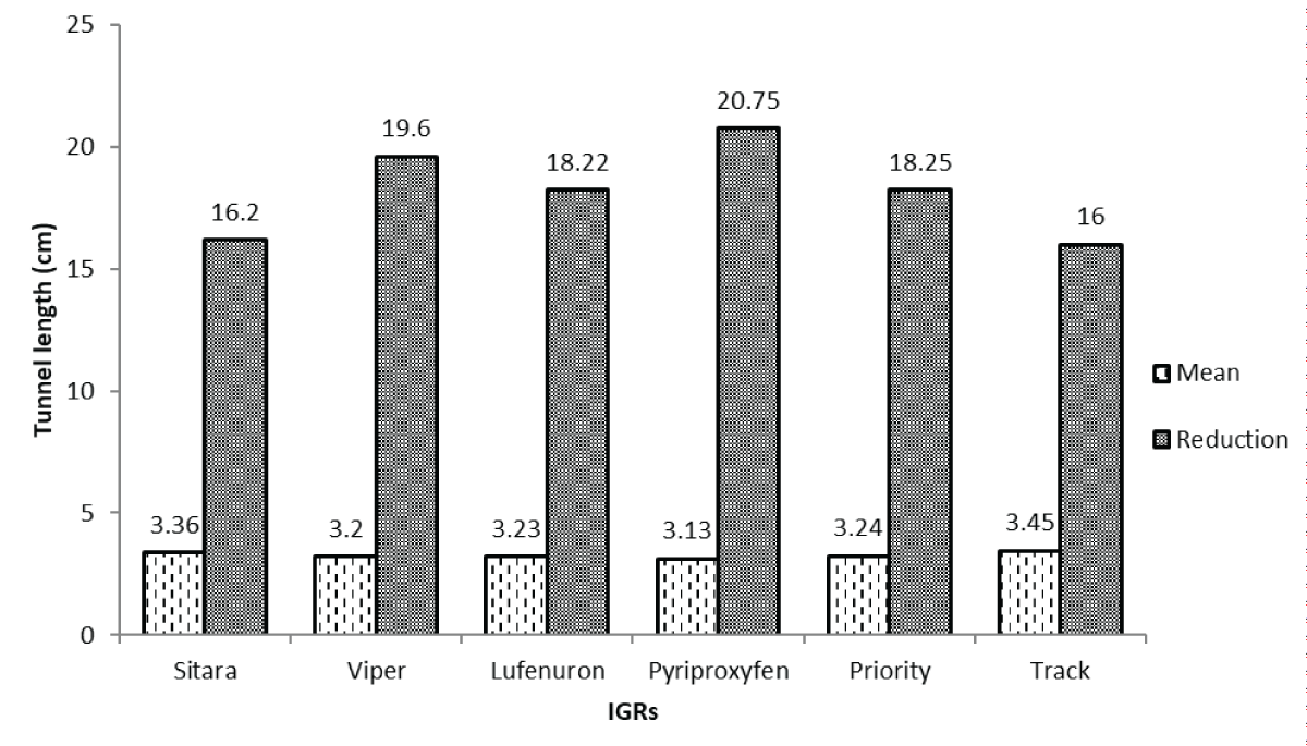 Comparison of insect growth regulators (IGRs) on maize borer tunnel length reductions at specified post-treatment interval. This comparison evaluates how various insect growth regulators (IGRs) impact the reduction of maize borer tunnel length at a specific post-treatment interval, revealing insights into their varying effectiveness in mitigating tunneling damage and emphasizing the potential of specific IGR concentrations to significantly manage this pest.