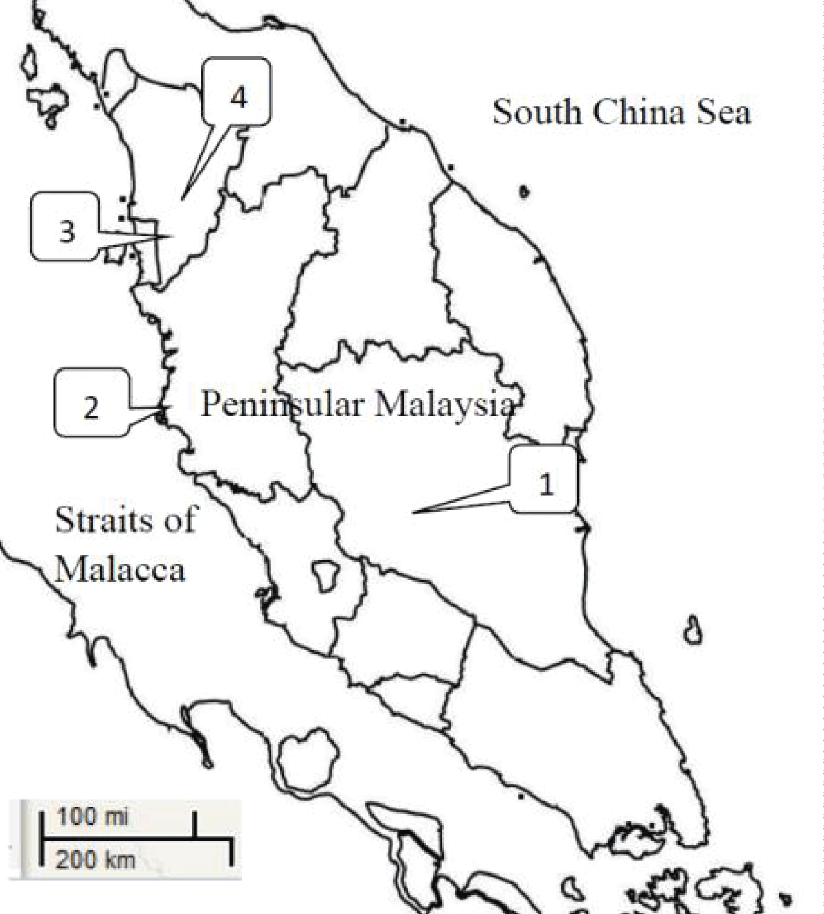 The sampling sites (estimation only) for cucumber Cucumis sativus inPeninsular Malaysia (1 = Jerantut; 2 = Sitiawan; 3 = Ara Kuda; 4 = Kuala Ketil