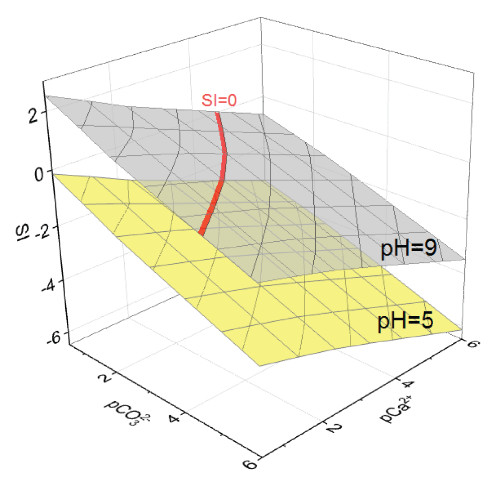 Diagrams of dependence of SI on pCa2+ and pCO32− in a model solution at pH = 5 and 9.