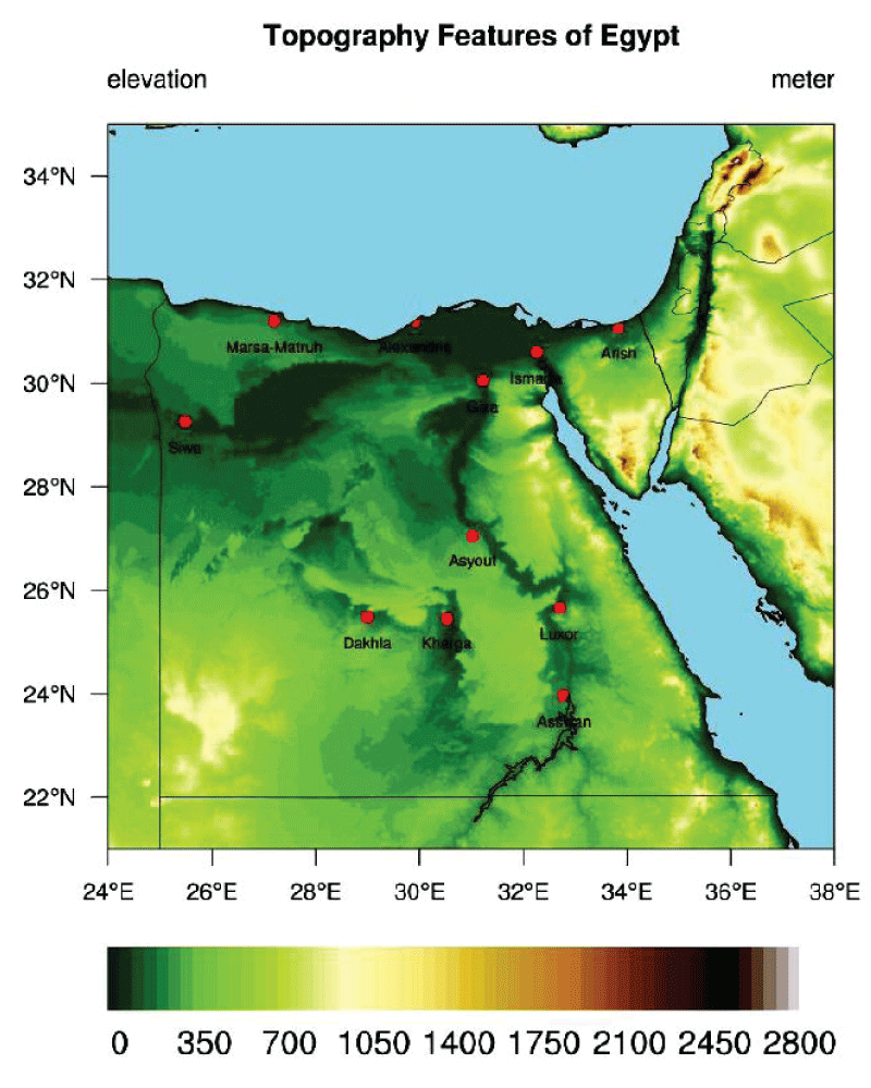 The figure shows the surface elevation of Egypt (in meters). The red dots indicate the location of the ten locations for evaluating the RegCM’s performance.