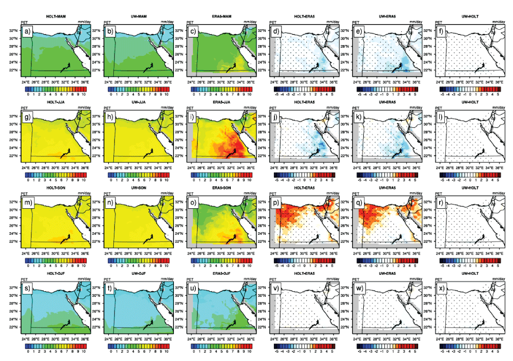 Potential evapotranspiration over the period 1998–2017 (PET; in mm day−1) for MAM season in the first row (a − f); JJA in the second (g − l); SON in the third (m − r); and DJF in the fourth (s − x). For each row, HOLT is on the left, followed by UW; ERA5 is the third from left, HOLT minus ERA5, UW minus ERA5, and the difference between UW and HOLT. Significant difference/bias is indicated in black dots using a student t-test with alpha equal to 5%.