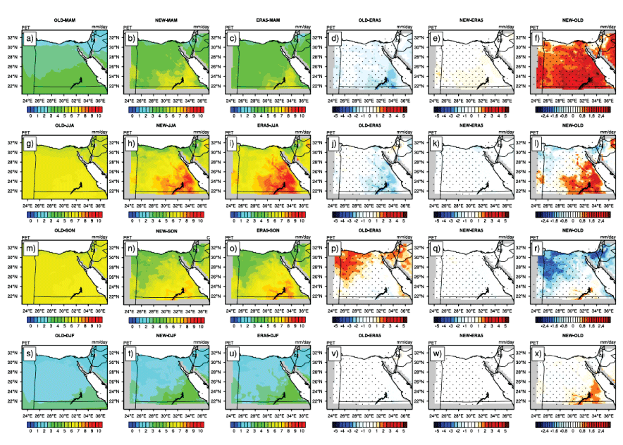 Potential evapotranspiration over the period 1998–2008 (PET; in mm day−1) for MAM season in the first row (a − f); JJA in the second (g − l); SON in the third (m − r); and DJF in the fourth (s − x). For each row, OLD is on the left, followed by NEW; ERA5 is the third from left, OLD minus ERA5, NEW minus ERA5, and the difference between NEW and OLD. Significant difference/bias is indicated in black dots using a student t-test with alpha equal to 5%. Please note that OLD refers to the simulated PET before applying the Delta method; while NEW is the simulated PET after applying the Delta method