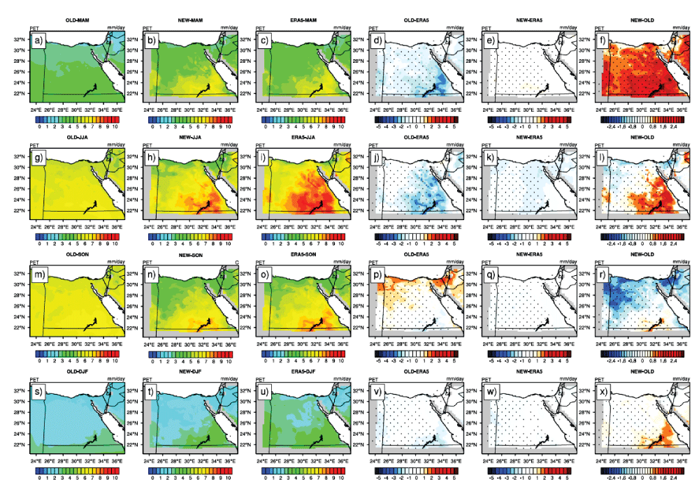 Potential evapotranspiration over the period 2009–2017 (PET; in mm day−1) for MAM season in the first row (a − f); JJA in the second (g − l); SON in the third (m − r); and DJF in the fourth (s − x). For each row, OLD is on the left, followed by NEW; ERA5 is the third from left, OLD minus ERA5, NEW minus ERA5, and the difference between NEW and OLD. Significant difference/bias is indicated in black dots using a student t-test with alpha equal to 5%. Please note that OLD refers to the simulated PET before applying the Delta method; while NEW is the simulated PET after applying the Delta method