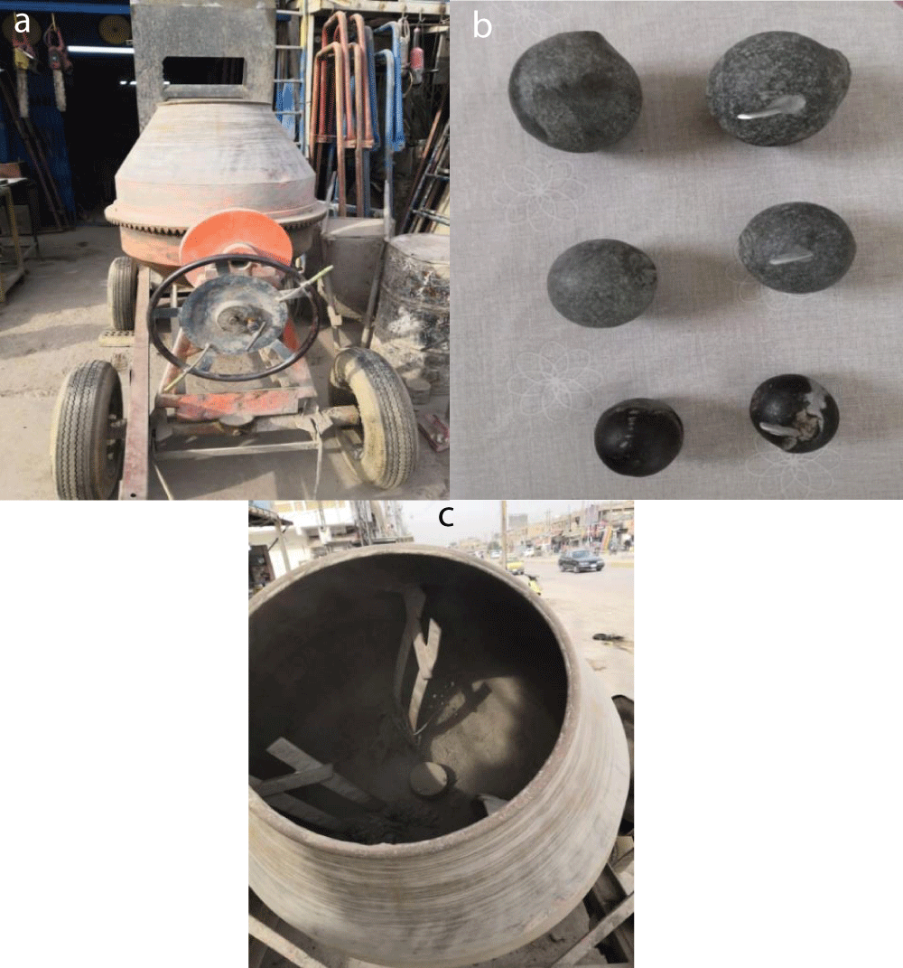 Testing of grinding balls with the mixer petrol driving unit. a) Mixer used in the experiment. b) Tested Grinding balls. c) Grinding mixer in working position