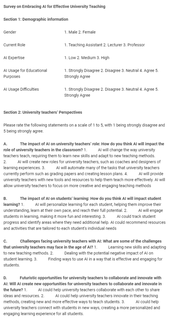 <p>Survey on Embracing AI for Effective University Teaching</p>